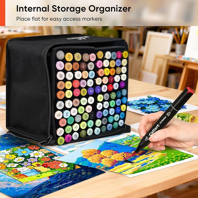 Caliart 100 Colors Alcohol Markers Dual Tip Art Markers for Adult Coloring | Fine & Chisel Tip Permanent Sketch Pens with Storage Case & Bleed-prevention Sheet for Beginners Artists Drawing Illustration