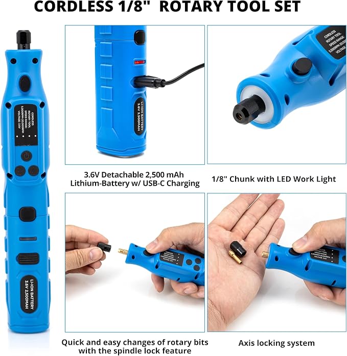 NEIKO 10581A Cordless Rotary Tool Kit, 46 Piece 3.6V Electric Engraving Pen, 1/8" Collet Rechargeable Mini Grinder, Handheld Mini Sander, 44pc Power Rotary Tools Accessory kit, Quick Change