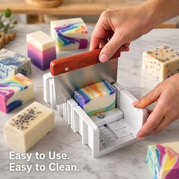 PIUH Soap Cutting Tool Set with Soap Cutter Base and 2 Cutter Slicer | Plastic Loaf Soap Mold Cutter + 2 Pcs Straight / Wavy Stainless Steel Cutter Slicer and Packing Supplies for Adults