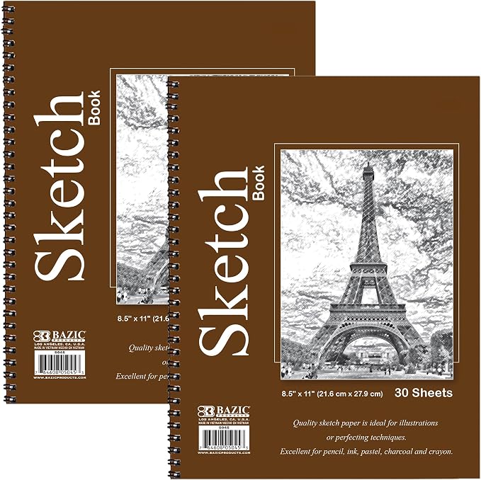 BAZIC Products Sketch Book, Side Bound, 8.5 x 11 in, 30 Sheets, 2-Pack