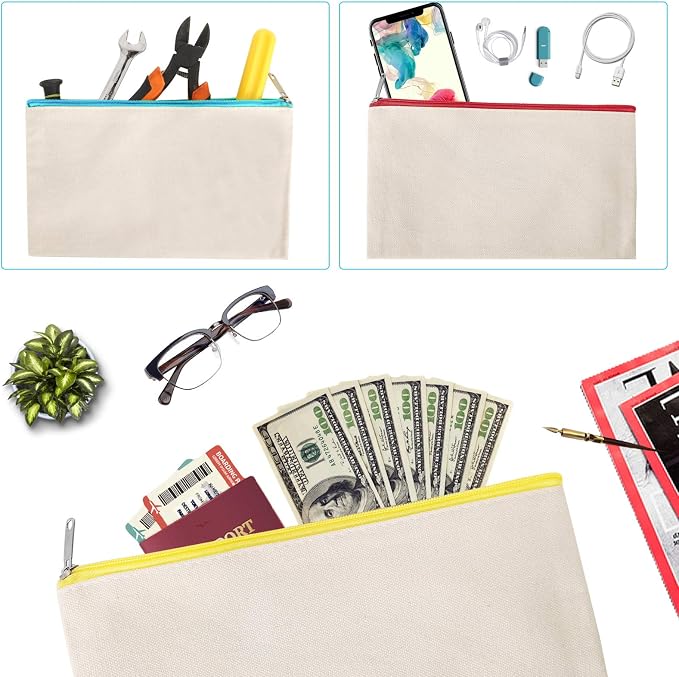 12 Pieces Cotton Canvas Makeup Bag, Multipurpose Cosmetic Bag with Zipper Travel Toiletry Pouch, Blank DIY Craft Bag (Beige, L)