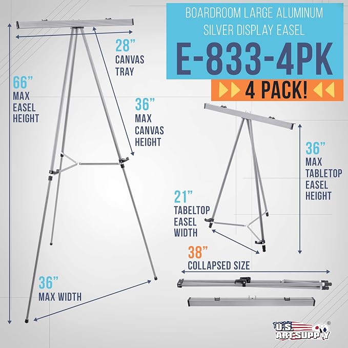 U.S. Art Supply 66" High Boardroom Classroom Silver Flip Chart Easel,4-Pack