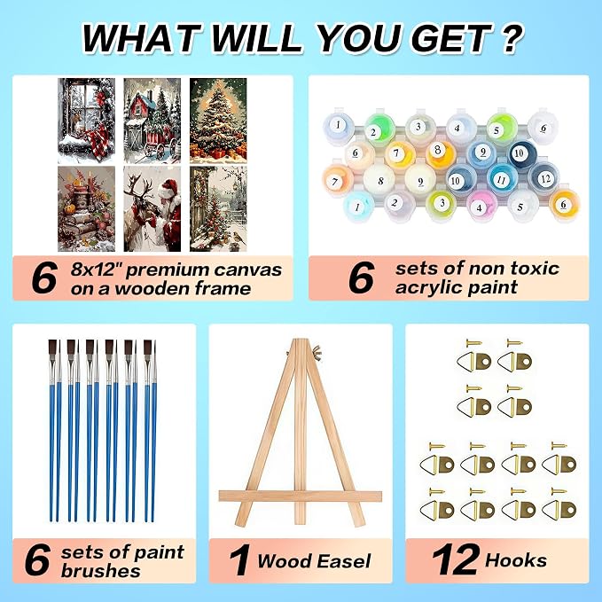 6 Pack Framed Christmas Paint by Numbers Kit for Adults with Easel (8x12in)