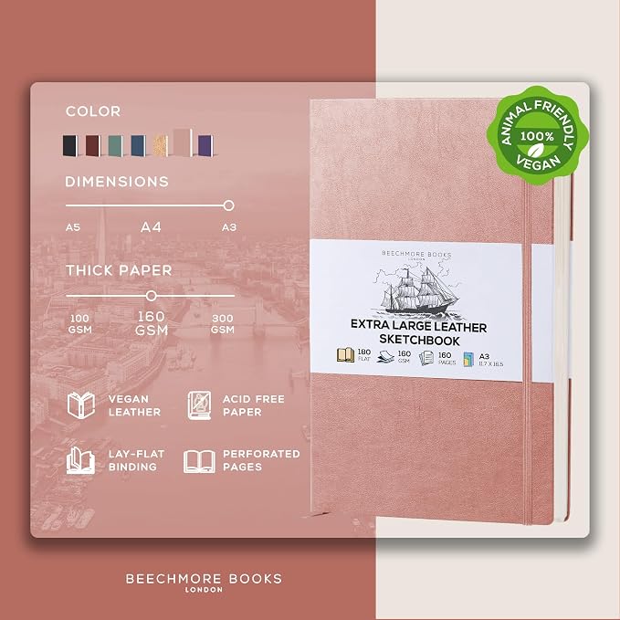 Beechmore Books A3 11.7x16.5 Mixed Media Sketchbook 160 GSM/98lb, Gift Box | Hardcover Drawing Pad with Lay-Flat Binding, Extra Large Perforated Ivory Paper for Studio Drawing & Watercolor Work