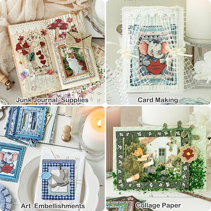 180 Pcs Floral Scrapbooking Paper & Animal Stickers, Embossed Scrapbook Window Frames, 4 Packs Junk Journal Scrapbooking Supplies Kit for Journaling, Embellishments, Card