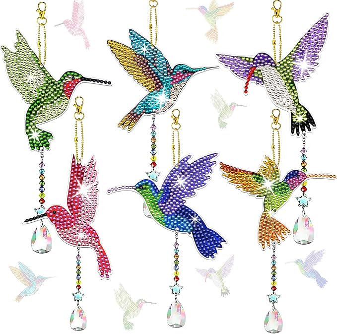 6 Pcs Diamond Painting Wind Chimes Rhinestone Hummingbird Diamond Art Suncatcher Double Sided 5D DIY Diamond Painting Kits for Adults Christmas Ornament Best Gifts for Mother
