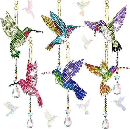 6 Pcs Diamond Painting Wind Chimes Rhinestone Hummingbird Diamond Art Suncatcher Double Sided 5D DIY Diamond Painting Kits for Adults Christmas Ornament Best Gifts for Mother