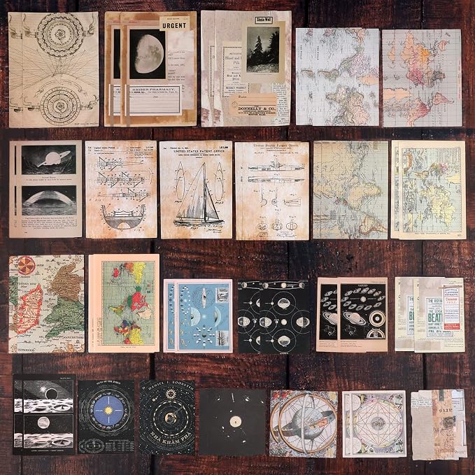 Draupnir 200pcs Vintage Junk Journal Supplies,Scrapbook Supplies Scrapbooking Paper and Stickers Ephemera For Art Aesthetic Journaling Kit Collage(Celestial)