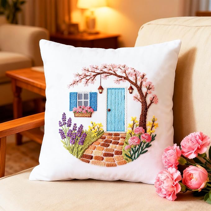 BEUNITONE 6 Set Flowers Embroidery Kit for Beginners Vintage Garden Scene Pre-Stamped Pattern, Needlepoint Kits for Adults Beginners, DIY Handmade Embroidery for Home Decor and Gifts 20x20cm