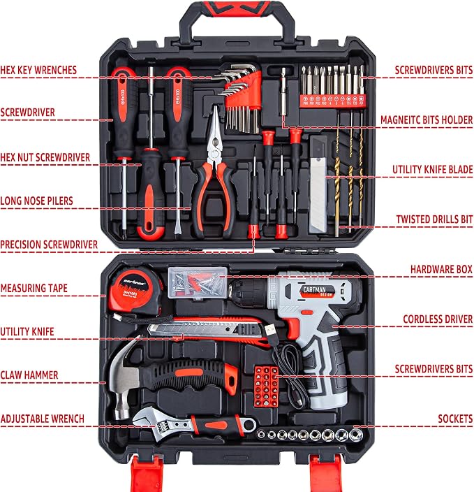 CARTMAN 150-Piece 8V Cordless Drill Hand Tool Set, Red Household Repair Kit | All-Inclusive Tool Assortment With 8V Drill, Great For Home Upkeep, DIY Crafting And Daily Household Fixes