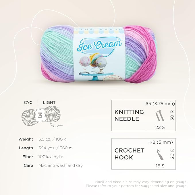Lion Brand Yarn, Ice Cream Baby Yarn for Knitting, Crochet, and Crafts, Ube, 1 Pack, DK Weight Colorful Acrylic Fiber for Baby Blankets, Hats, and Sweaters