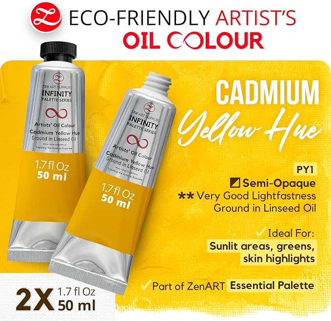 ZenART Professional Oil Paint Set - Artist Grade Cadmium Yellow Hue-2x50ml | Non-Toxic, Buttery Consistency, Rich Pigment, Lightfast Oil Paints for Primed Surface Canvas, Fine Art, Portraits & Landscape