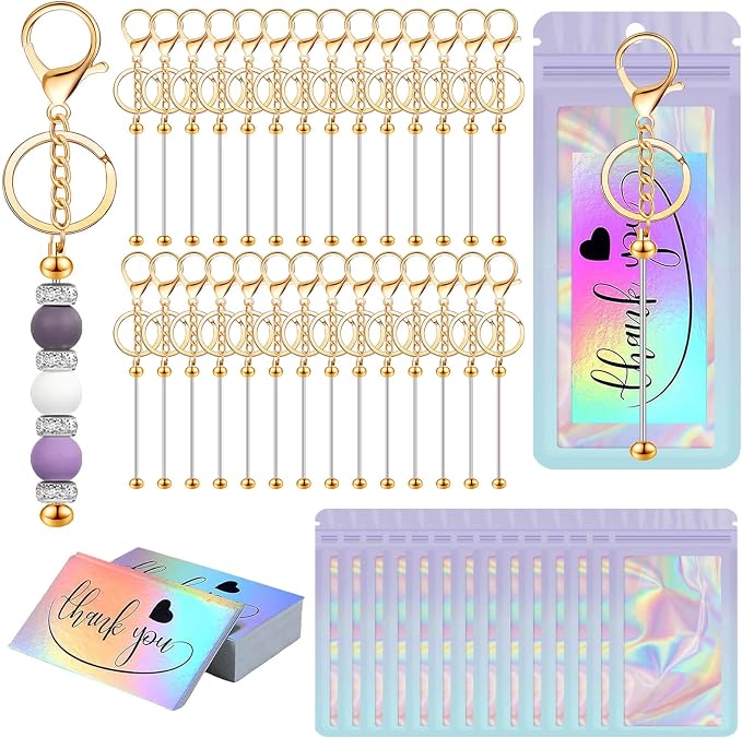 42/84/126 Pcs Beadable Keychain Bars Bulk Blank DIY Beaded Keychain Making Supplies with Bag Thank You Card