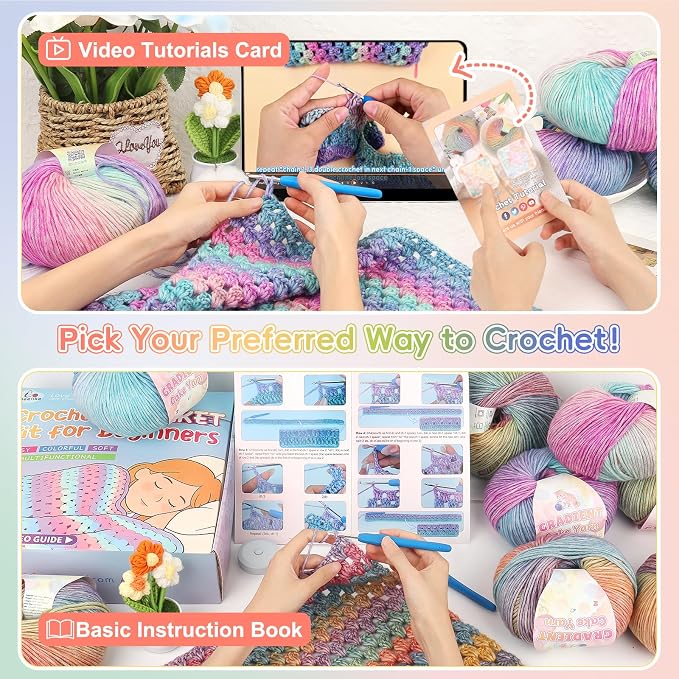 Aeelike Crochet Blanket Kit for Beginner, Easy Blanket Crochet Kit, Rainbow
