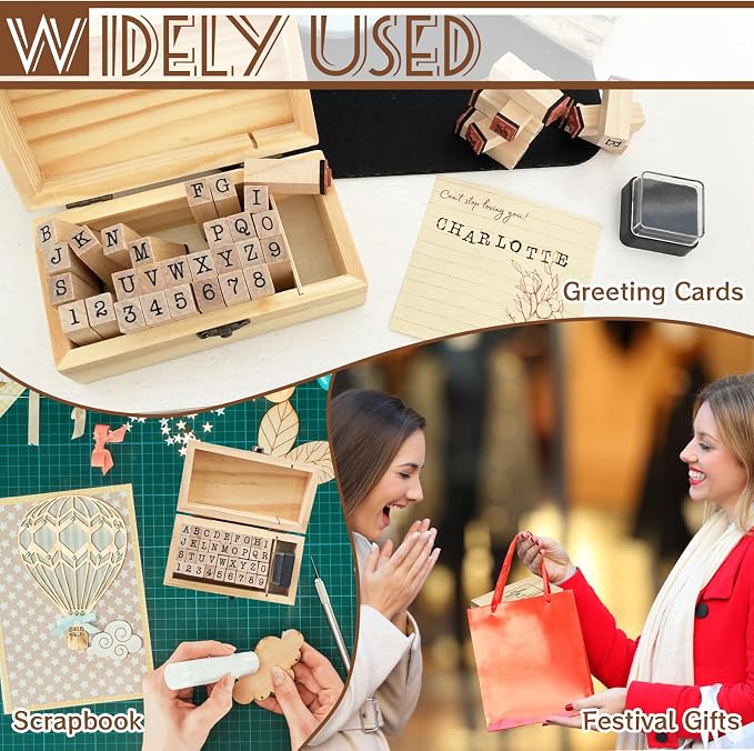 36 Pcs Wooden Rubber Number Alphabet Stamps,Rubber Vintage Letter Stamps Kit,Stamper Seal Set with Wooden Box for Crafting,Scrapbooking,Journaling,Card Making