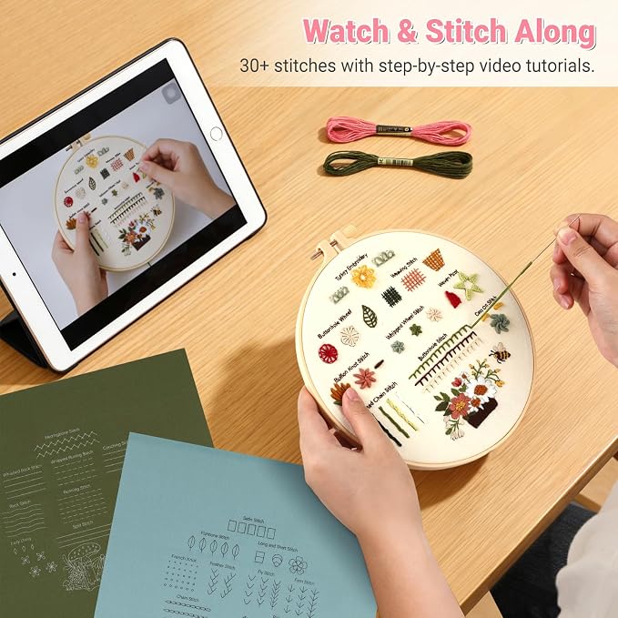 ZenHues Embroidery Kit for Beginners Adults with Level 0 Practice Sampler, 5 Pre-Printed Patterns & Video Tutorials with 7.8" Hoop, Learn 30+ Stitches, DIY Needlework Craft Gift for Women