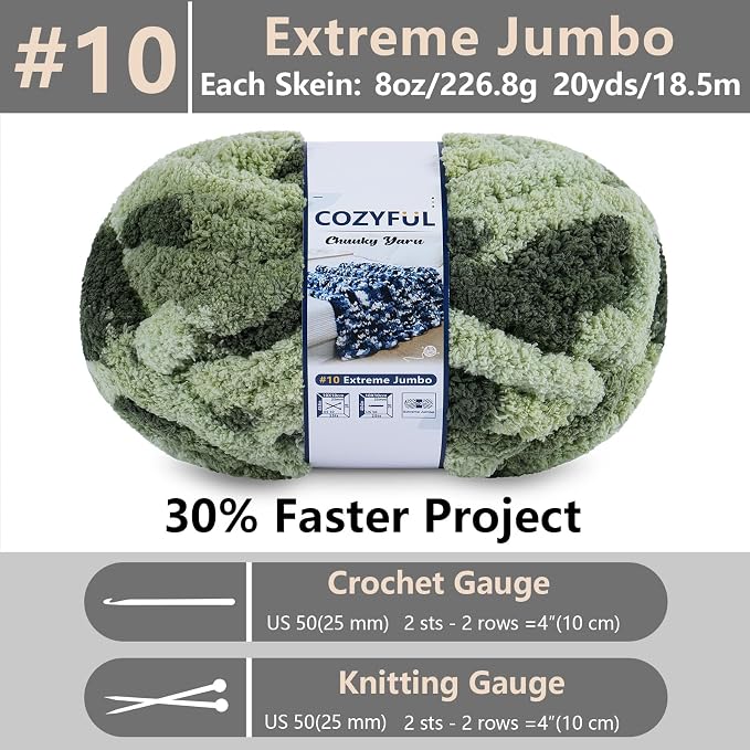 Cozyful Chunky Yarn for Hand Knitting - #10 Chunky Chenille Blanket Yarn, Jumbo Big Thick Chunky Yarns for Crocheting, Tie Dye Bulky Knit Yarns, 8 Skein (20 yds 8 oz Each Skein), Multi Green