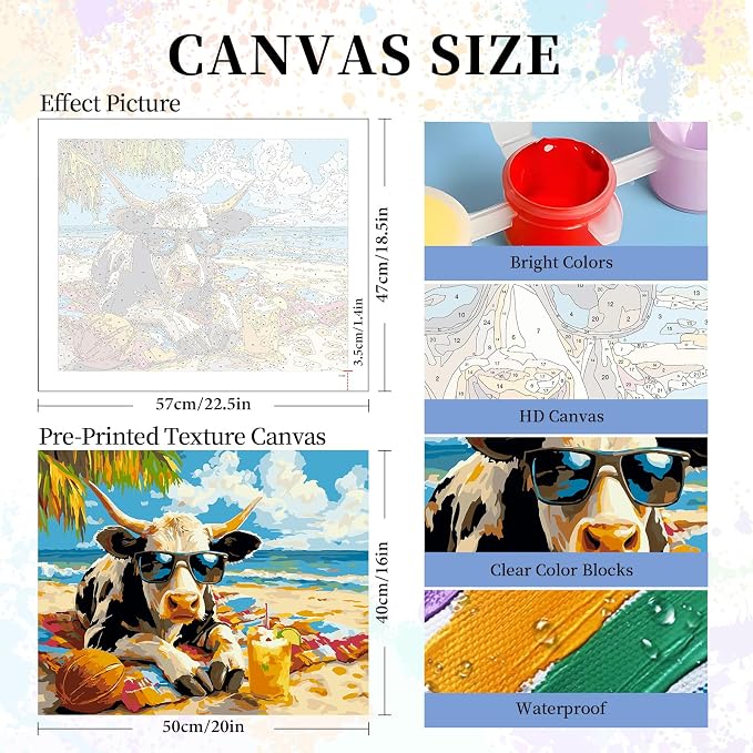 Paint by Numbers Kit for Adults, Funny Beach Cow Number Painting Canvas Kit | DIY Acrylic Painting Set for Beginners, Stress Relief Relaxing Craft, Home Wall Decor, Holiday Gift for Adults, 16x20 Inch