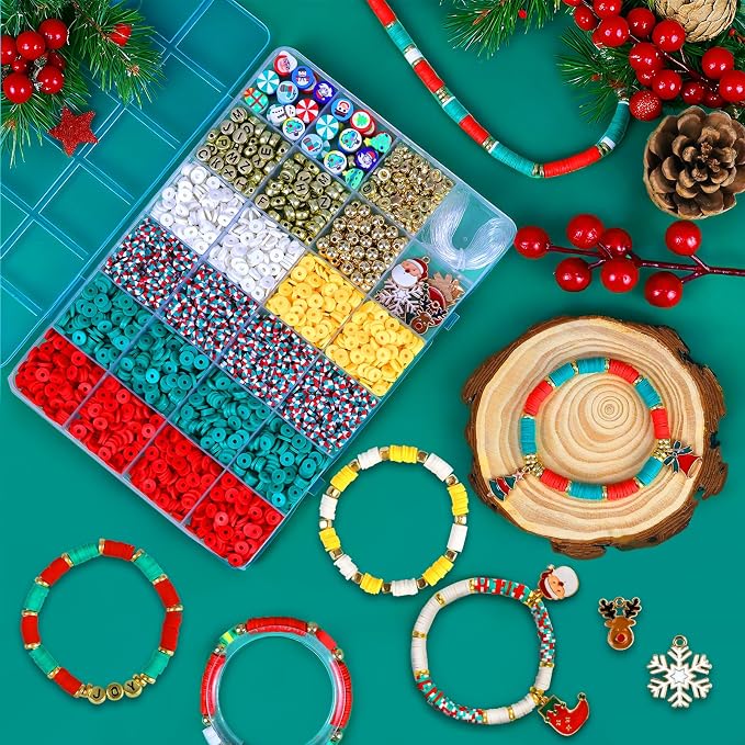 Redtwo Christmas Clay Beads Bracelet Making kit | 3000 Pcs Clay Beads Christmas Crafts Decorations Charms for Jewelry Making, Gifts for Teen Girls Age 6-12