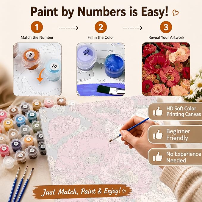 AUKELHJ Paint by Numbers Kit for Adults Beginner, Poppy, 16X20 Inch | Paint by Number for Adults, Beginner Friendly, High-Definition Color Canvas, Stress Relief, Home Decor, Gifts, Unframed