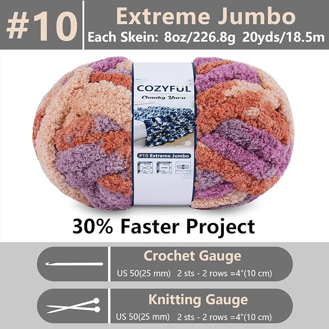 Cozyful Chunky Yarn for Hand Knitting - #10 Chunky Chenille Blanket Yarn, Jumbo Big Thick Chunky Yarns for Crocheting, Tie Dye Bulky Knit Yarns, 8 Skein (20 yds 8 oz Each Skein), Purple & Orange