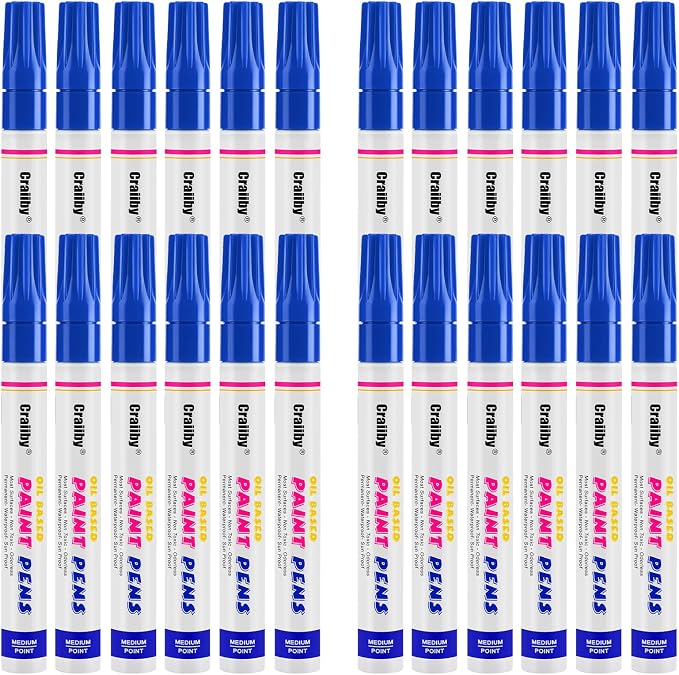 Blue Paint Markers, 24 Pack Oil-Based Waterproof Quick Dry Permanent Paint Pen Set for Rocks Painting, Wood, Fabric, Plastic, Canvas, Glass, Mugs, Metal, Tire, Stone, DIY Craft