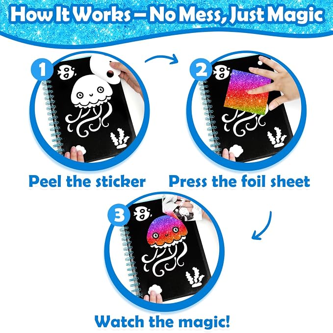 FUNNYB&G Foil Art Craft Kit for Kids, Sparkly Birthday Gift Toy for Kids | No Mess, Kids Ages 4-10 Create Sparkling Artwork, A Creative Gift for Birthdays, Holidays, Travel Activities,Screen-Free Fun