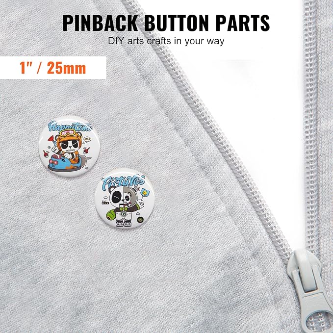 VEVOR 500 Sets 1 inch 25mm Pin Back Button Parts for Button Maker Machine, DIY Round Button Badge Parts, Set Includes Metal Top, Plastic/Metal Button, Clear Film, and Blank Paper for Gifts Presents
