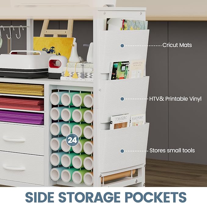 Craft Organizer and Storage Cart Compatible with Cricut Machine Stand Rolling Craft Cabinet Table with Drawers Shelf Vinyl Roll Holders Accessories Holder Tool Hooks for Craft Workstation Room-White