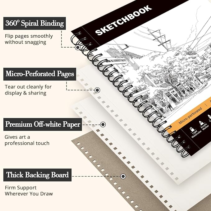Mixed Media Sketch Book 9" x 12": 98lb/160gsm Spiral Drawing Pad, 2 Pack