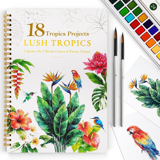 Watercolor Workbook for Beginners,18 Rich Tropics Exotic Rainforest Water Coloring Book,Relaxing & Easy to Paint Water Coloring Book with 24 Colors-Perfect for Gifting to Creativity & Joy for Adults