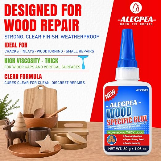 ALECPEA Wood Glue, Thick CA Glue for Wood, 30g with 3 Droppers