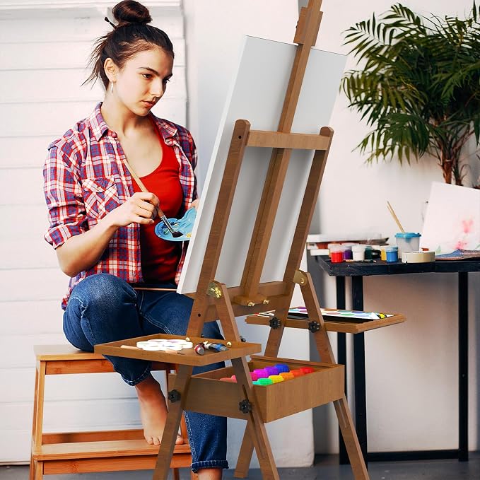 Professional Vintage Wood H-Frame Easel, with 2 Palette and Storage Box | Multi-Function Studio Easel, Professional Foldable Artist Easel Stand for Painting, Holds Canvas Art up to 36"