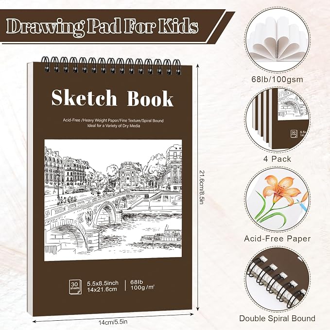 4 Pack Small Sketch Books, 5.5 × 8.5 in, Spiral Bound, Yellow-Brown | 100gsm Acid-Free Paper, 30 Sheets Each, for Pencils Charcoal & Crayons, Portable Hardcover Design, Lays Flat