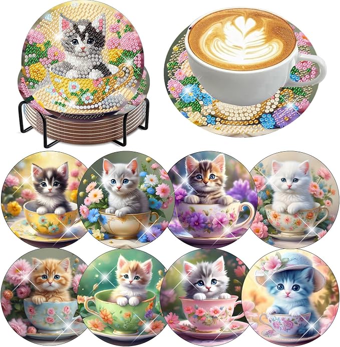 8 Pack Diamond Art Coasters Kits - Cute Cat Diamond Painting Coasters