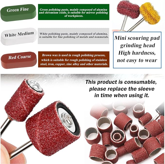 185Pcs Polishing Buffing Wheel Kit, Felt Wool Pad Set, Rotary Accessories with Sanding Drum, Polishing Compound, Grinding Head, 1/8" Shank for Jewelry Metal Polishing, Compatible with Dremel