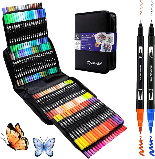 Artecho 120 Colors Dual Tip Markers for Adult Coloring Books with Bag | Drawing Pens For School, Fine and Brush Tip, Calligraphy, Drawing, Sketching