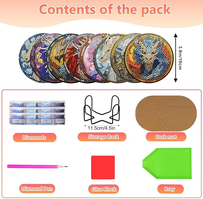 hkejoi 8 Pcs Dragon Diamond Art Coasters Kit for Adults, Dragon Diamond Painting Coasters with Holder, 5D Gem Art, DIY Crafts Diamond Dots for Gift Home Decor