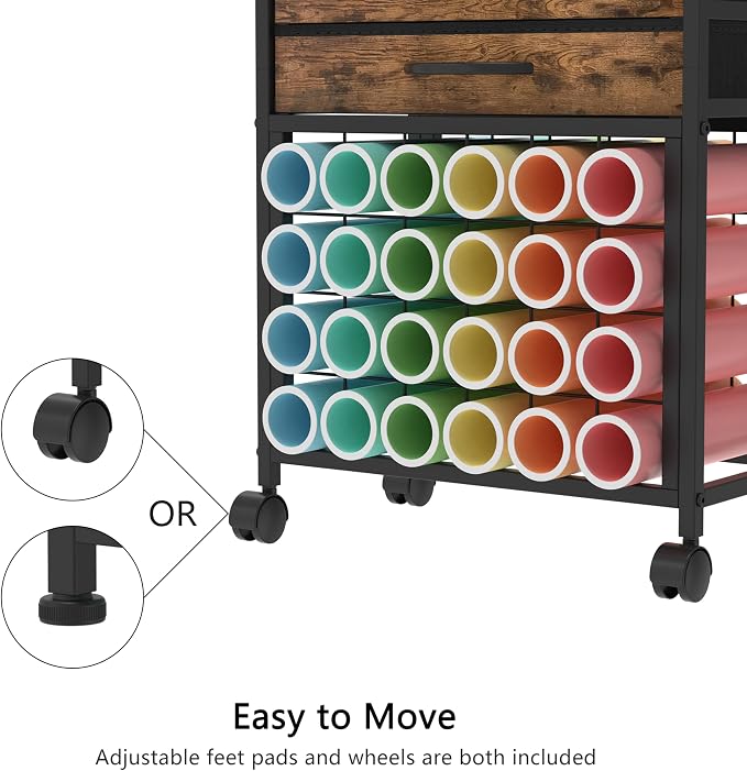 VENNQD Organizer and Storage Stand Compatible with Cricut Machines,Rolling Storage Cart/Shelf with 24 Vinyl Roll Holders，2 Fabric Drawer,Accessories Holder,Tool Hook for Craft Room Home (Rustic Brown)