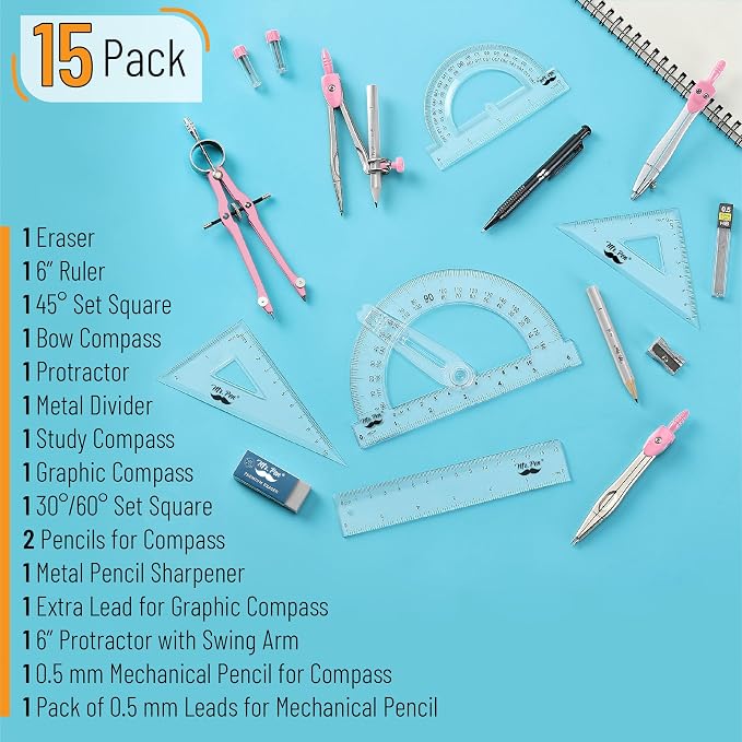 Mr. Pen- Geometry Set, 15 pcs, Pink, 6 Inch Swing Arm Protractor, Divider | Set Squares, Ruler, Compasses and Protractor