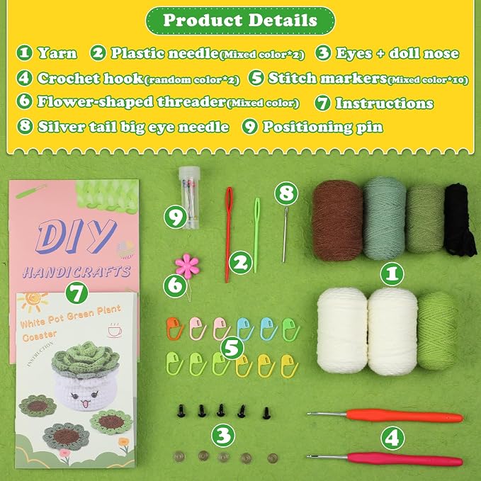 FTEVEN Crochet Kit for Beginners, 3PCS Coasters Potted Plants Crochet Kit