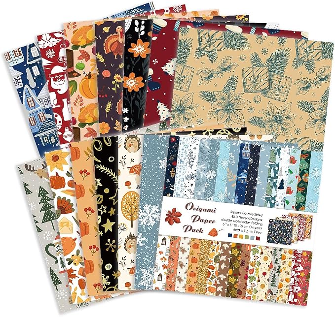 Origami Paper 50 Sheets, 6-Inch Square Double Sided Colored Craft Paper | 70GSM colorful paper,50 Vivid Pattern Origami Kit,DIY Hand Crafts,Arts Creativity,Easy to Fold,No-Fading.Winter