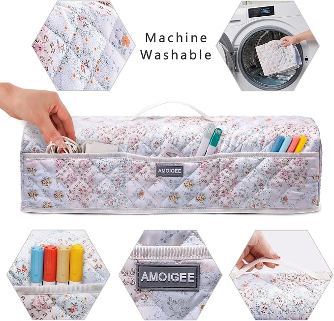 AMOIGEE Dust Cover for Cricuttt Maker 4 & Explore 4/3, Maker 3, Air 2, Quilted Protective Cover with Storage Pockets for Cutting Machine, Floral Fabric Anti-Dust Cover for Craft Machine Organizer