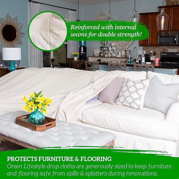 GREEN LIFESTYLE All Purpose Canvas Drop Cloths - Drop Cloth for Painting, Floor Cover, Heavy Duty Protection for Furniture & Surfaces, Reusable Painters Canvas Tarp for Renovation & Home (2 PACK 9x12)