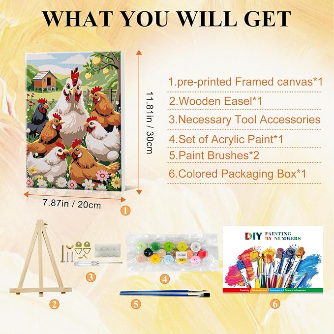 SparkGlow Chickens Paint by Number Kits for Adults with Frame, 8×12 Inch | Animal Painting by Number, Include Easel, HD Canvas, Relax and Enjoyable, Number Painting for Gift, Home Decoration