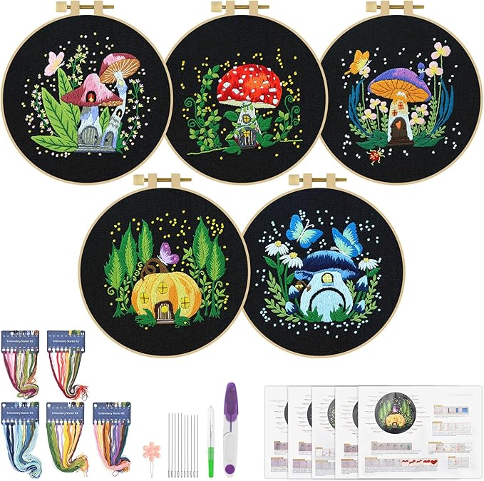 ERKOON 5 Sets Embroidery Kit for Beginners Adult Mushroom Cross Stitch | Embroidery Set Include Embroidery Cloth Hoops Threads for Craft Lover Hand Stitch with Embroidery Skill Techniques