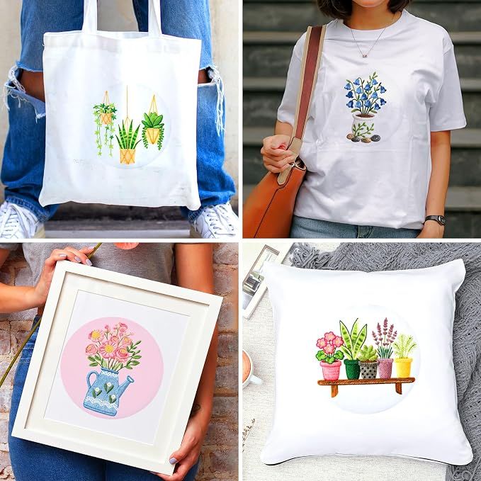 BEUNITONE 4 Set Embroidery Kit for Beginners, Vase Plants Cross Stitch Kits, Needlepoint Kits for Adults with Instructions and Full Kit, Creative Hand Embroidery Patterns for Cloth and Home Decor