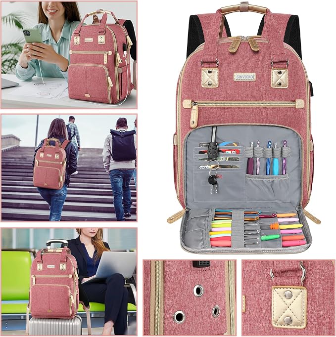 SINVICKO Crochet Bag, Knitting Bag Backpack and Totes Organizer with USB Charging Port, Large Yarn Storage Tote Bag