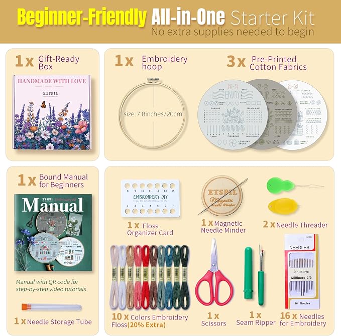 ETSPIL Embroidery Kit for Beginners, 4K Step-by-Step Video, Adults, Gift | 33 Stitches, No-Wash Pre-Printed Pattern, Magnetic Needle Minder, Bound Guide & Storage Tube - Calming Craft for Women