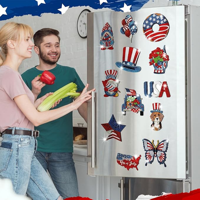 Zonon 12 Pcs 4th of July Diamond Art Magnets Patriotic Flag Gem Stickers | Red White Blue Designs, Diamond Magnets for Fridge Decor, American Themed Magnetic Kits, Adults DIY Home Celebrations
